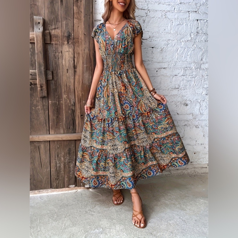 Printed V-Neck Cap Sleeve Dress